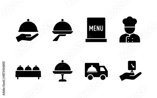 Collection of restaurant and food service icons including chef, menu, and delivery truck