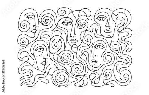 Abstract continuous line art with human faces and swirling patterns