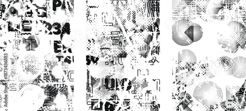 Grunge mask overlay set. Clipping mask  collection for trendy cyber punk posters . Glitched layer ,grunge textured, distressed effect .Vector shapes with a halftone dots screen print texture.