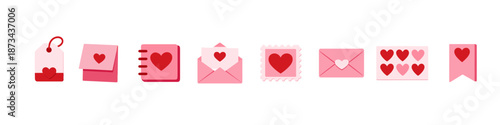 Cute pink and red heart icons set: envelopes, notepads, tags for valentine's day