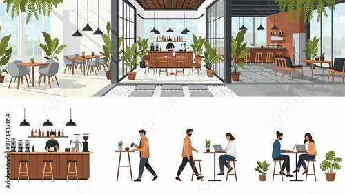 Modern Cafe Interior with Patrons and Barista Serving Coffee