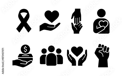 Collection of black icons representing charity, support, and community action