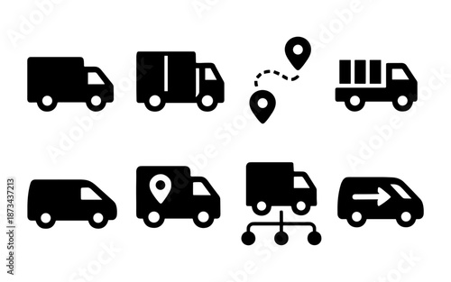 Collection of black delivery truck and van icons representing logistics and transportation services