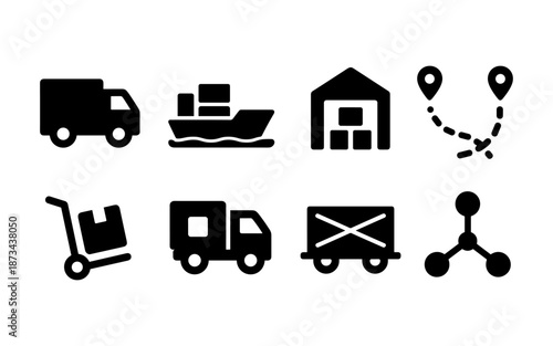 Collection of logistics and delivery icons representing various transportation and storage methods