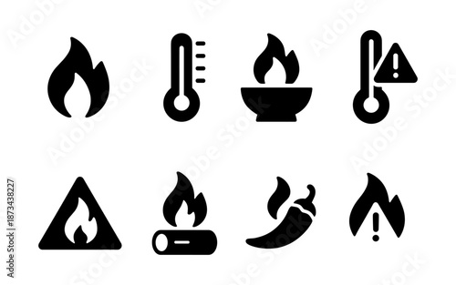 Collection of heat and fire-related icons including thermometers, flames, and chili peppers
