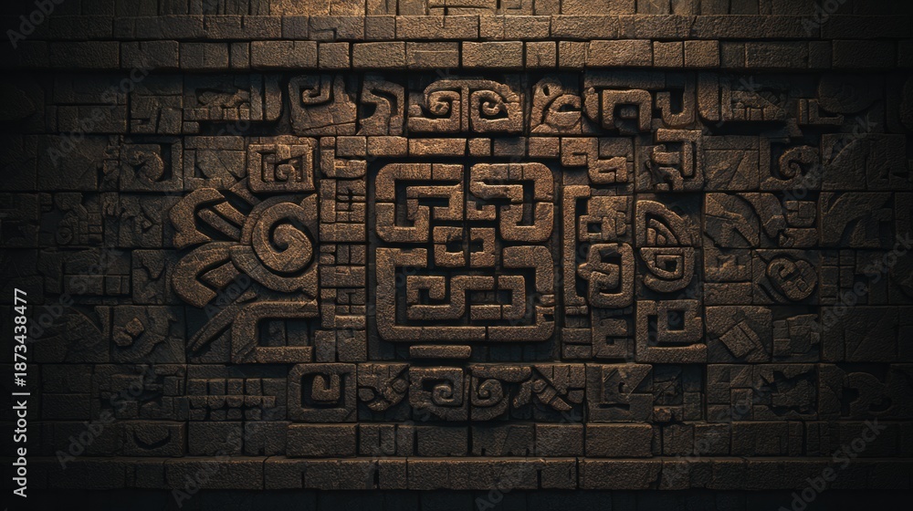 Obraz premium Ancient Temple With Symmetrical Stone Walls and Engraved Patterns Showcasing a Matte Stone Texture in Neutral Earth Tones During Daylight Hours