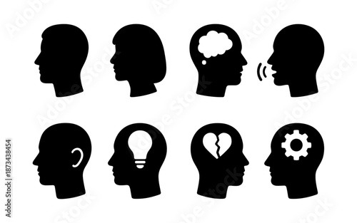 Collection of diverse human head silhouette icons representing thoughts and emotions