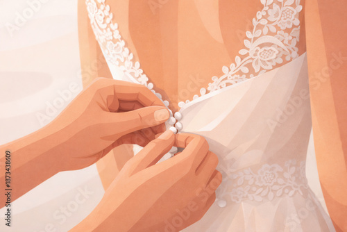 Bride getting wedding dress buttoned