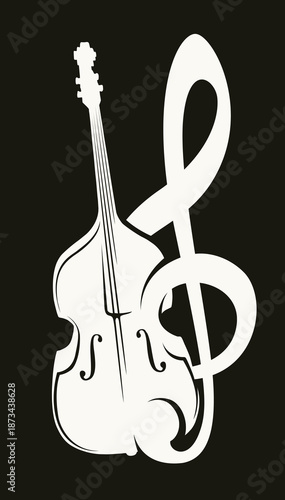 Vector logo, or banner for a jazz music with a double bass, treble clef on black background. Suitable for flyer, invitation, poster, cover, design element, advertising. No ai