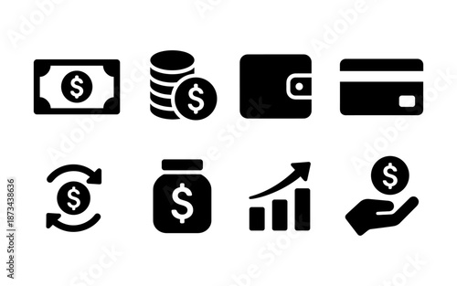 Collection of financial icons representing money, savings, and investment growth