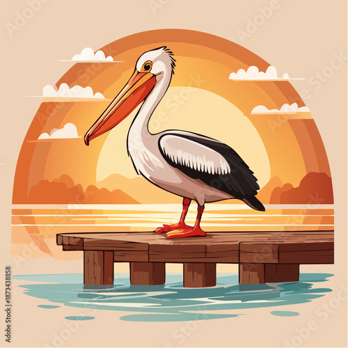 A majestic pelican standing on a wooden pier during a serene sunset over calm waters
