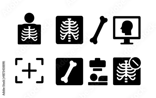 Collection of medical imaging icons representing X-rays, bones, and diagnostic equipment