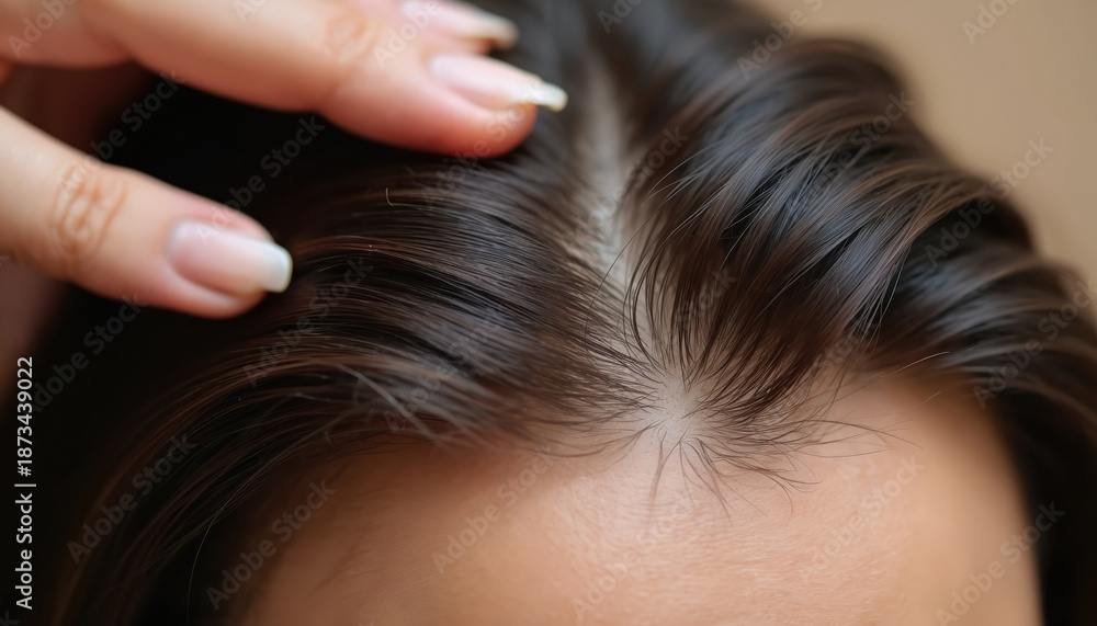 Naklejka premium Fingers part shiny dark hair revealing scalp. Close up shows healthy hair texture and gloss. Clean scalp and neat hair strands signify good personal care.