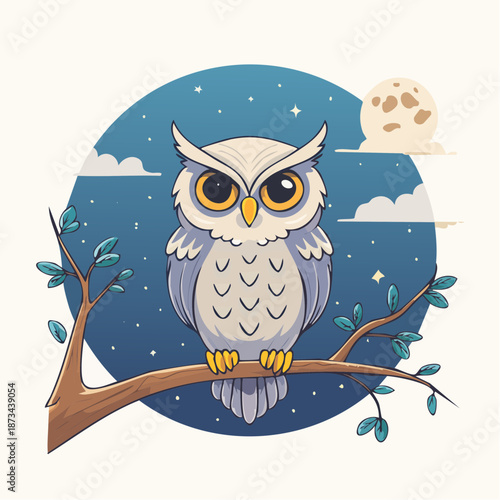 An owl perched on a branch under the night sky with a full moon shining brightly behind it
