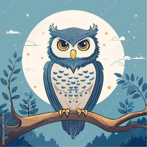 An owl perches on a branch under a full moon in a serene nighttime landscape viewed from a slight angle