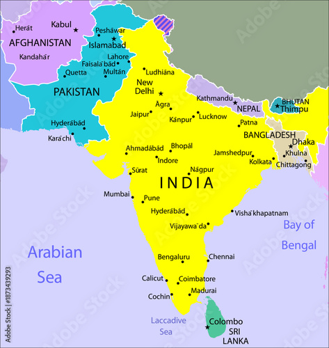 Vector political world map. South Asia with 
India, Pakistan, Bangladesh, Nepal, Afghanistan,
Bhutan, Arabian sea, Bengal Bay, New Delhi, 
Sri Lanka, Colombo, Kabul, Dhaka, Islamabad.