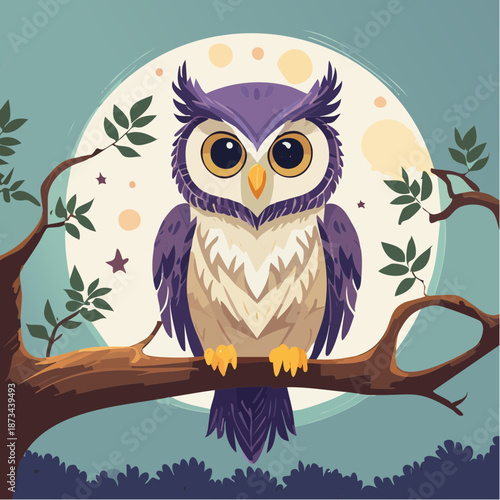 An owl perched on a tree branch under a full moon with leaves around