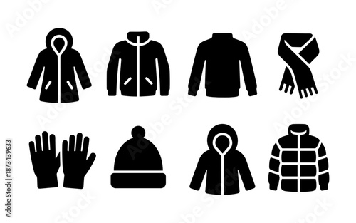 Collection of winter clothing icons including jackets, hat, gloves, and scarf
