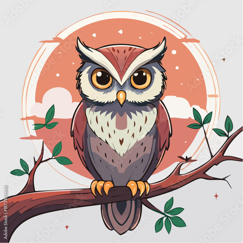 Illustration of an owl perched on a branch with leaves against a moonlit sky