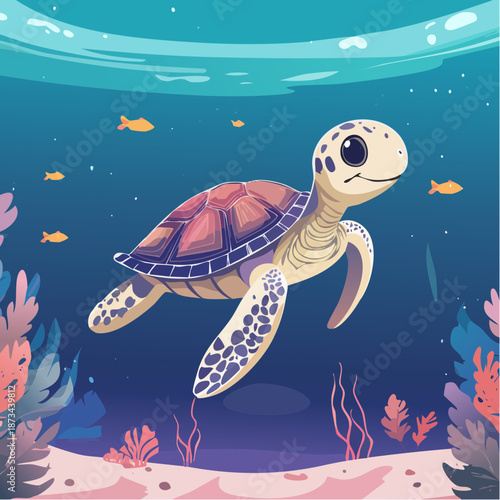 Underwater scene of a swimming turtle surrounded by fish and coral reef from a frontal viewpoint