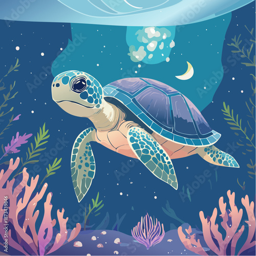 A sea turtle swims underwater near coral reefs at night with a moonlit background