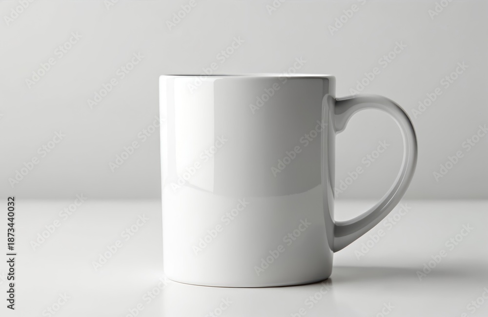 Obraz premium Plain white mug rests on white surface. Clean ceramic container with handle is perfect for branding or cafe promotions. Ideal for hot beverages.