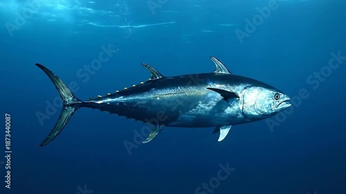 Large tuna swimming in deep blue water