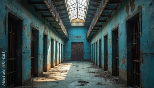 Wallpaper Mural Derelict prison corridor with peeling blue walls and barred cells. Overhead skylight casts shadows on dusty floor. End of hallway shows large wooden door, possible escape route. Torontodigital.ca
