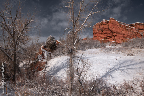 Colorado red rock formations in the snow.