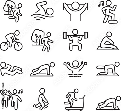 Collection of simple line art icons representing various sports and fitness activities perfect for health and wellness apps websites and infographics