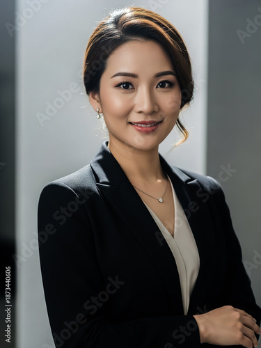Asian woman in black blazer and white blouse smiling at camera