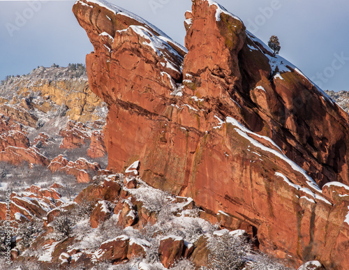 Colorado red rock formations in the snow.