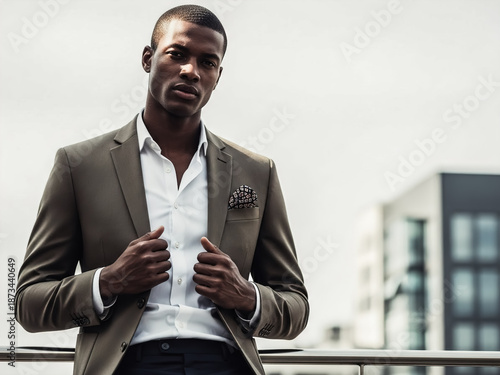 Dark-skinned man in brown suit jacket and white shirt standing outdoors