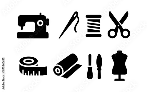 Collection of sewing and tailoring tools and equipment icons on a white background