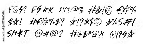 Crayon drawn swear words and curses collection. Hand drawn vector swear lettering with skull, stars, lightning and doodle elements. Pencil and charcoal handwritten typography symbols.