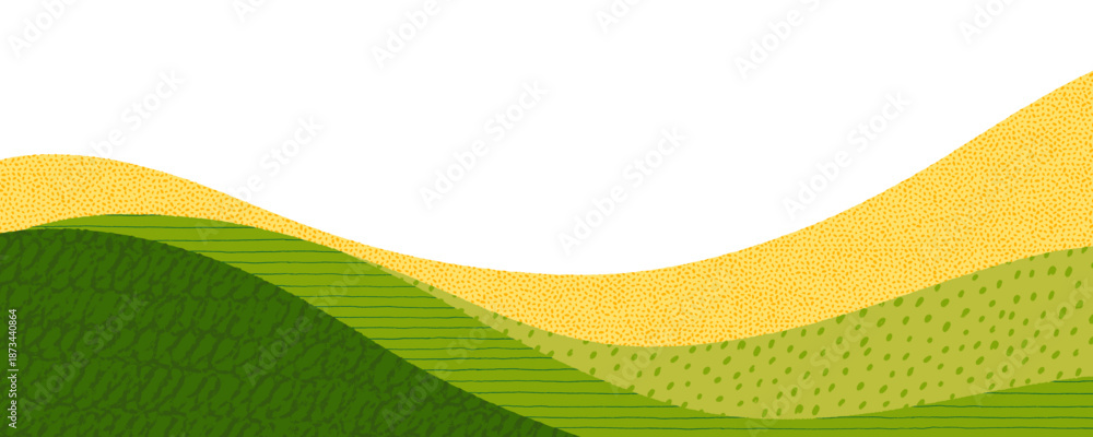 Obraz premium Wavy mountain and field collage agriculture background with texture patterns. Farmland landscape abstract decorative banner background for nature and agriculture design. Template with place for text.