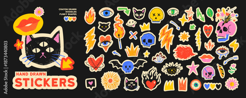 Punk and rock roll sticker collection with crayon drawn illustrations. Funky hipster and rave stickers, 90s style rock and roll doodles. Naive playful punk badges for music festival and urban design.