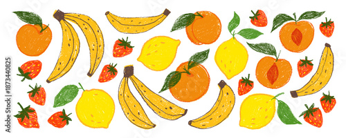 Crayon and chalk drawn fruit stickers collection. Hand drawn vector banana, strawberry, lemon and apricot illustrations. Funky playful childish fruit clip art icons. Crayon texture food cliparts.