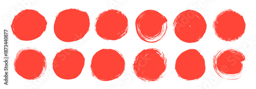 Red grunge brush drawn circles and dots. Japanese red circles and round vector brush strokes. Seal stamp with round edges, grunge asian rough badges collection. Scribble ink illustration.