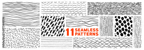 Brush stroke and curly crayon lines seamless pattern collection. Sketch doodle squiggly lines, short strokes and wavy stripes. Organic simple pen prints. Childish graphic doodle seamless pattern.