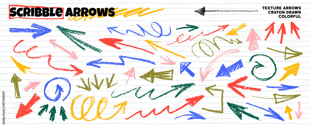 Obraz premium Colorful funky scribble doodle arrows set for hand drawn notes and journaling. Crayon drawn direction pointers, colorful childish arrows on lined paper sheet background. Vector thick and thin strokes.