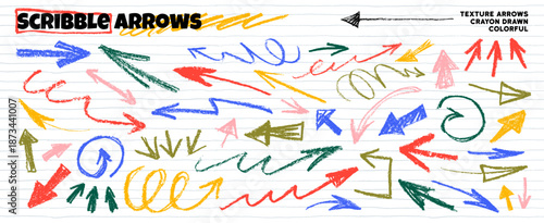 Colorful funky scribble doodle arrows set for hand drawn notes and journaling. Crayon drawn direction pointers, colorful childish arrows on lined paper sheet background. Vector thick and thin strokes.