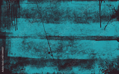 Cyan urban graffiti punk texture background with paint splatters, drips, and folded paper texture. Vintage punk poster background for music frstivals and covers. Distress abstract rough surface.