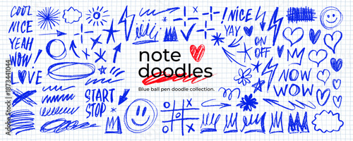 Blue pen scratch doodle and short phrases collection for hand drawn notes, journaling and graphic design. Thin blue marker doodles and scribbles, hand drawn stickers, emphasis vector elements.