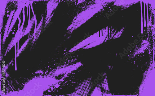 Grunge punk urban background in purple black colors with paint splatters and drips. Grunge punk y2k halftone background with hand drawn bold brush strokes. Scratches effect, purple spray paint.