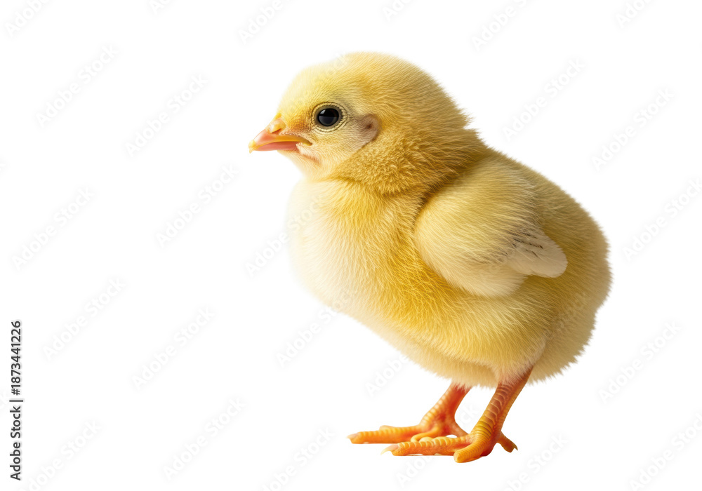 Obraz premium a vulnerable newborn chick with rich yellow downy feathers stands in full profile against a seamless high-key white studio background, conveying new life and purity concept