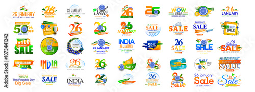 26th January and Indian Flag, Republic Day typography Design set.

