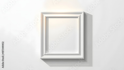Square formed white frame hanging on a blank white wall. Interior design. Mock-up for advertisment, art and posters.