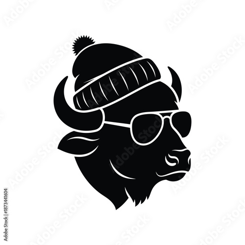 Cool Bison Head Profile Vector Illustration with Sunglasses and Winter Beanie