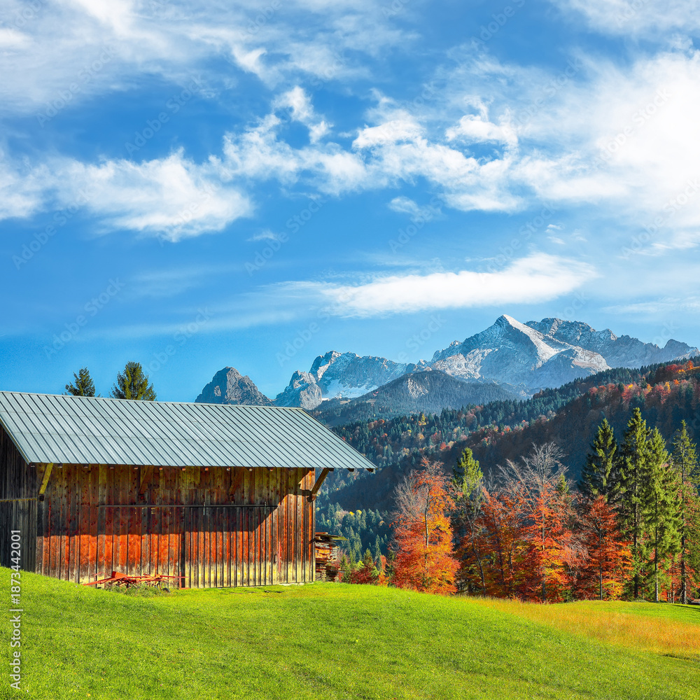 custom made wallpaper toronto digitalAmazing view of alpine meadow with wooden huts near Wagenbruchsee (Geroldsee) lake